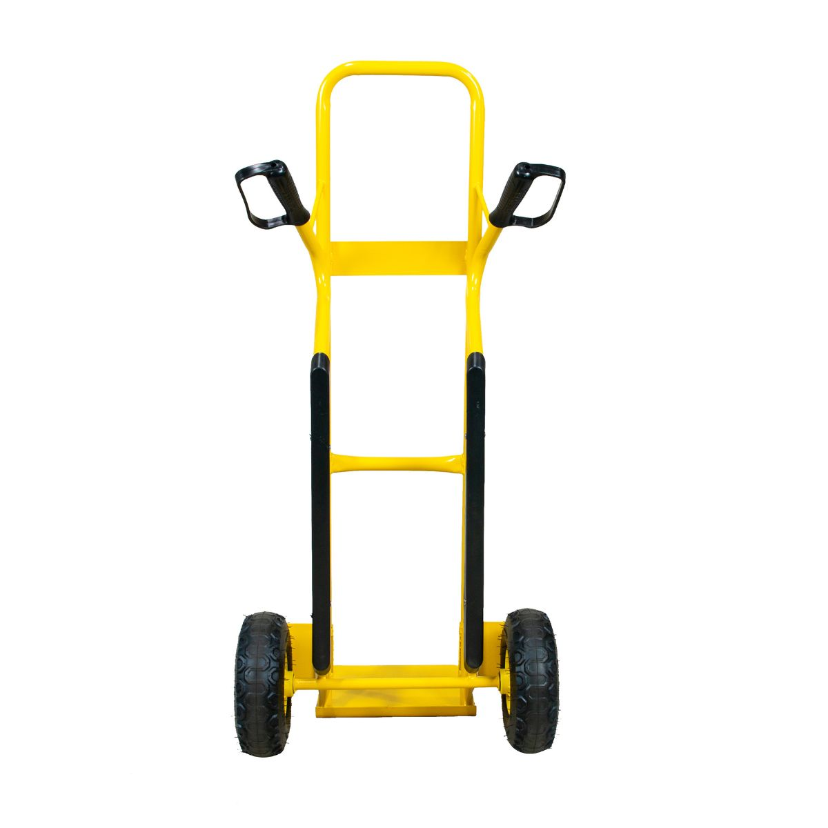 Carrello giallo con manici e ruote nere su sfondo bianco.