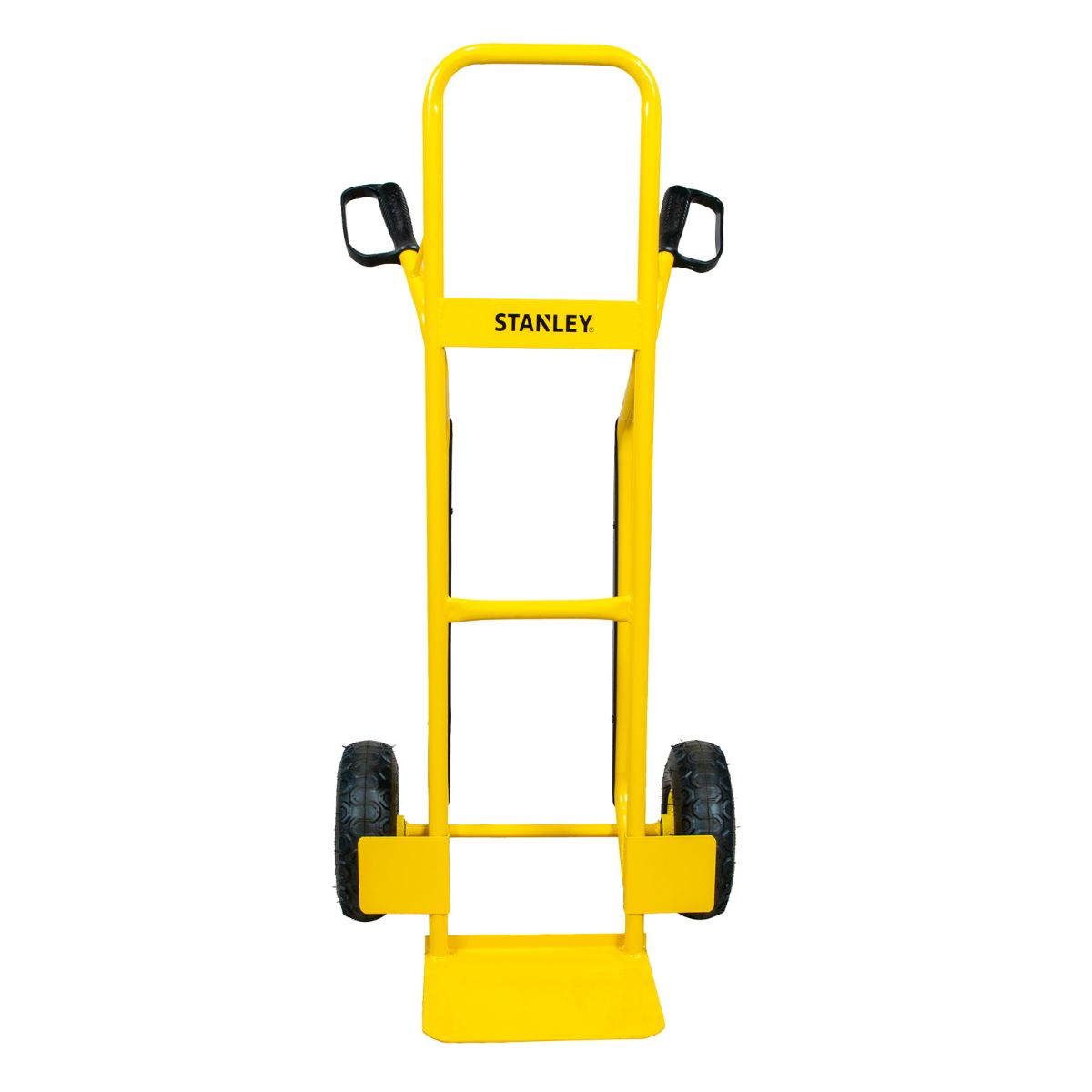 Un carrello Stanley giallo con due ruote e manici neri.