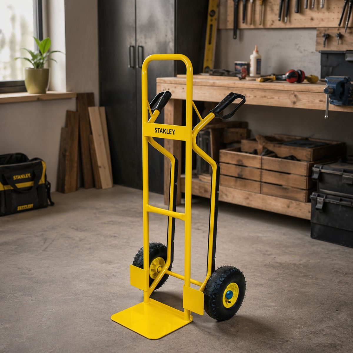 Un carrello giallo Stanley si trova in un'officina con attrezzi e casse di legno.