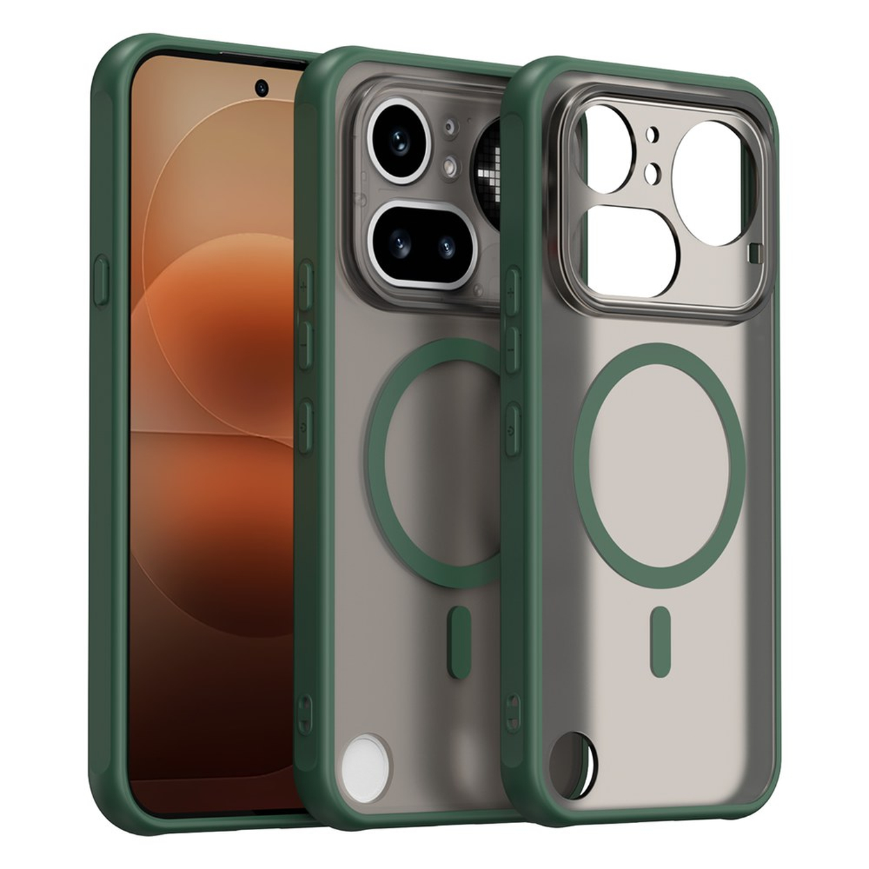 Twee donkergroene telefoonhoesjes naast elkaar, één met een telefoon.