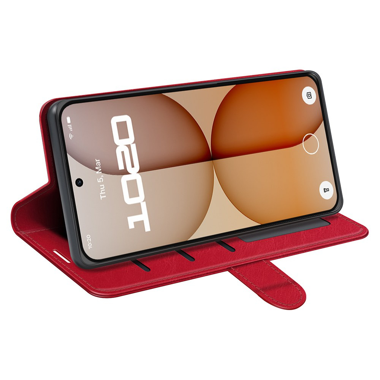 Rode flip telefoonhoes open met telefoon die camerascherm toont.
