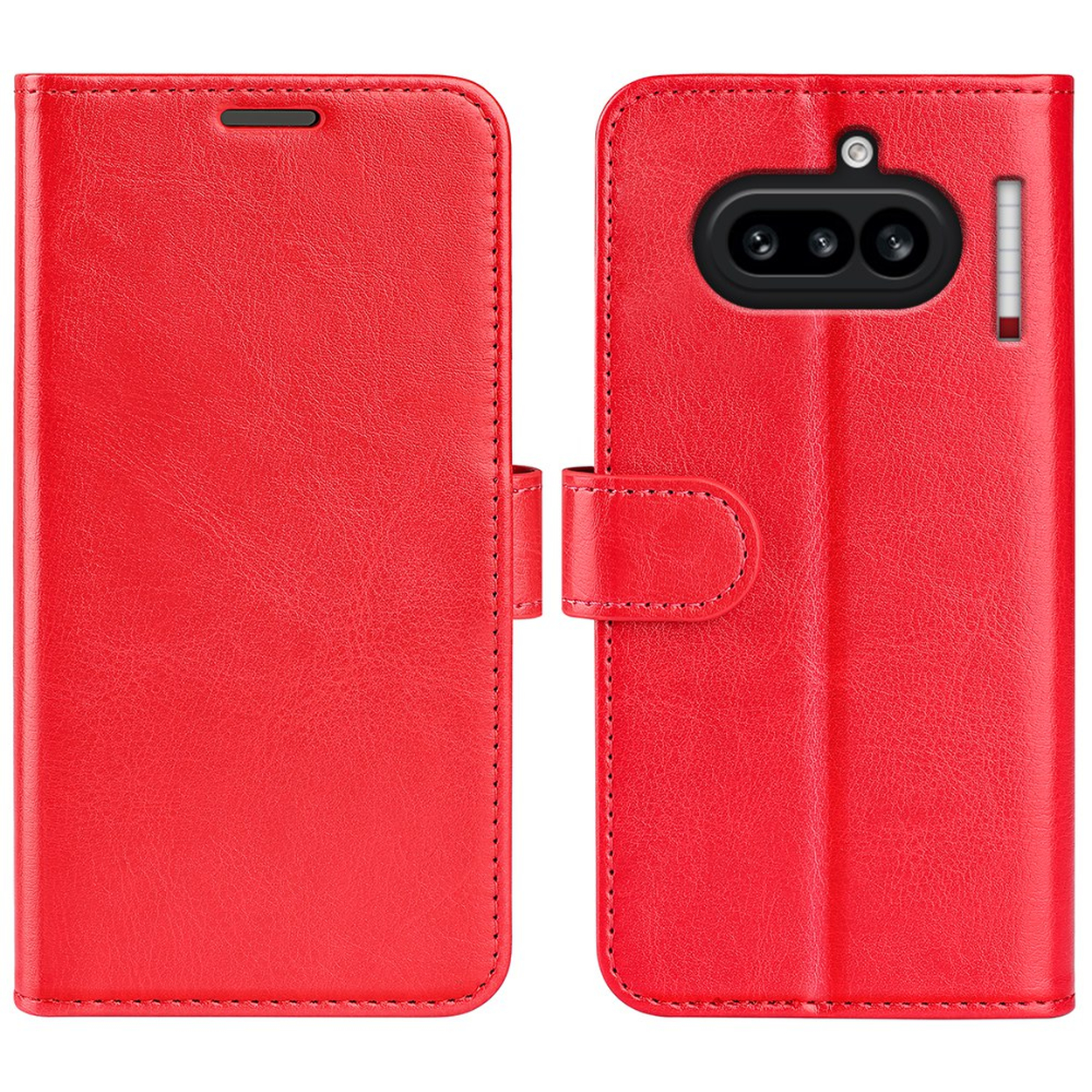 Rode leren telefoonhoes met camera-uitsparingen en sluitband.