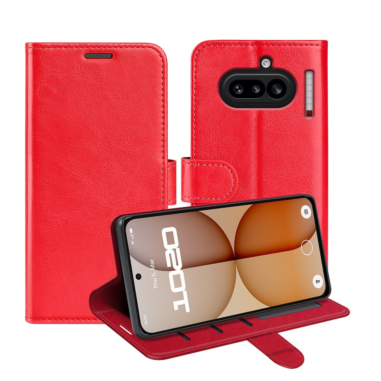 Rode leren telefoonhoes met telefoon erin, toont camera-interface.