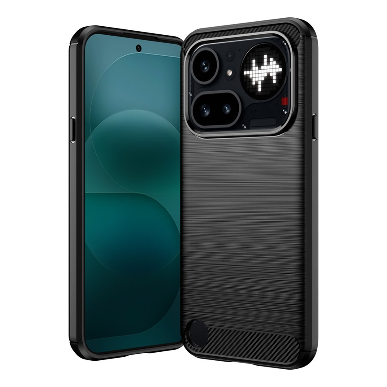 Smartphone noir avec dos brossé et module caméra affichant un symbole dièse.