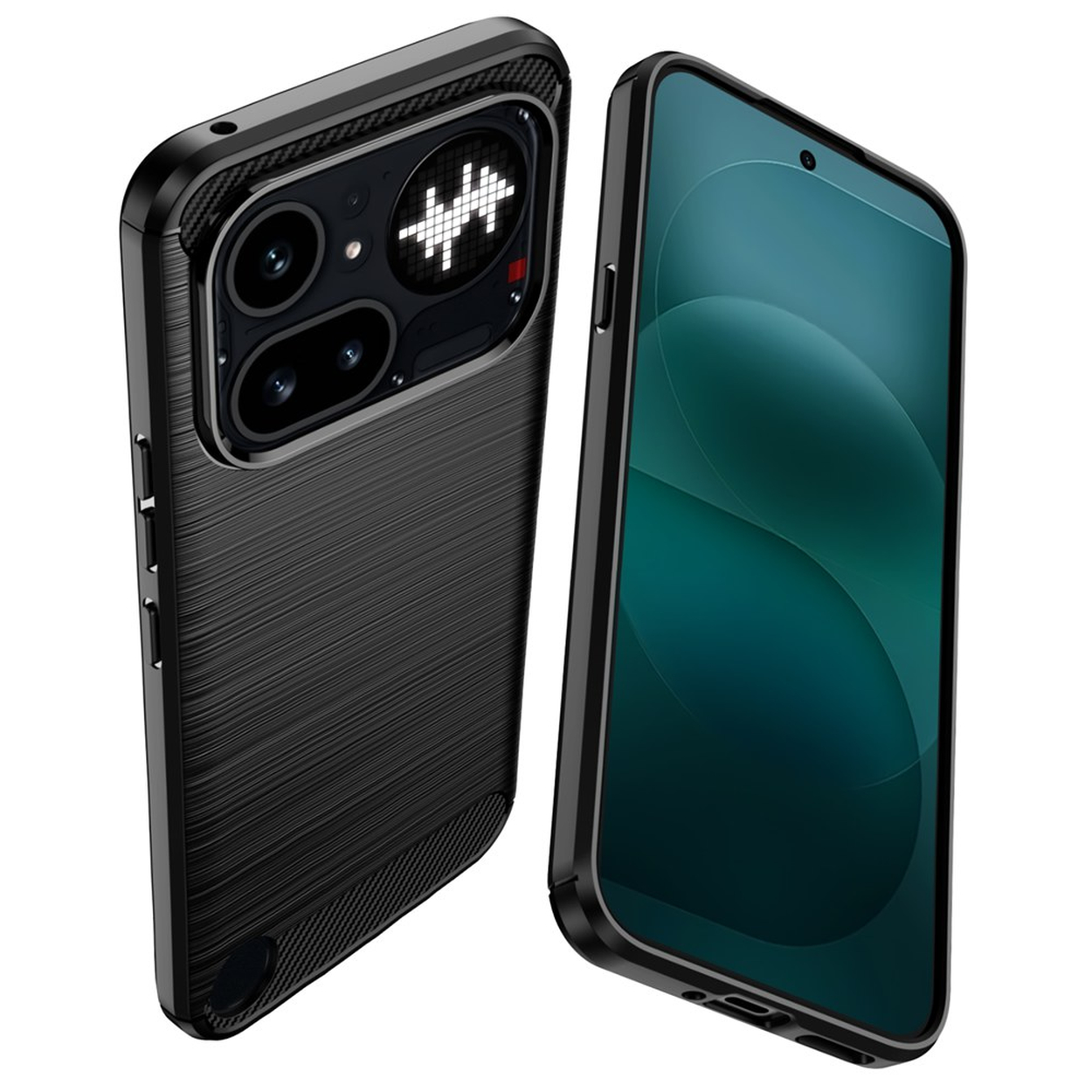 Téléphone noir avec caméras et écran à motifs, montré sous deux angles.