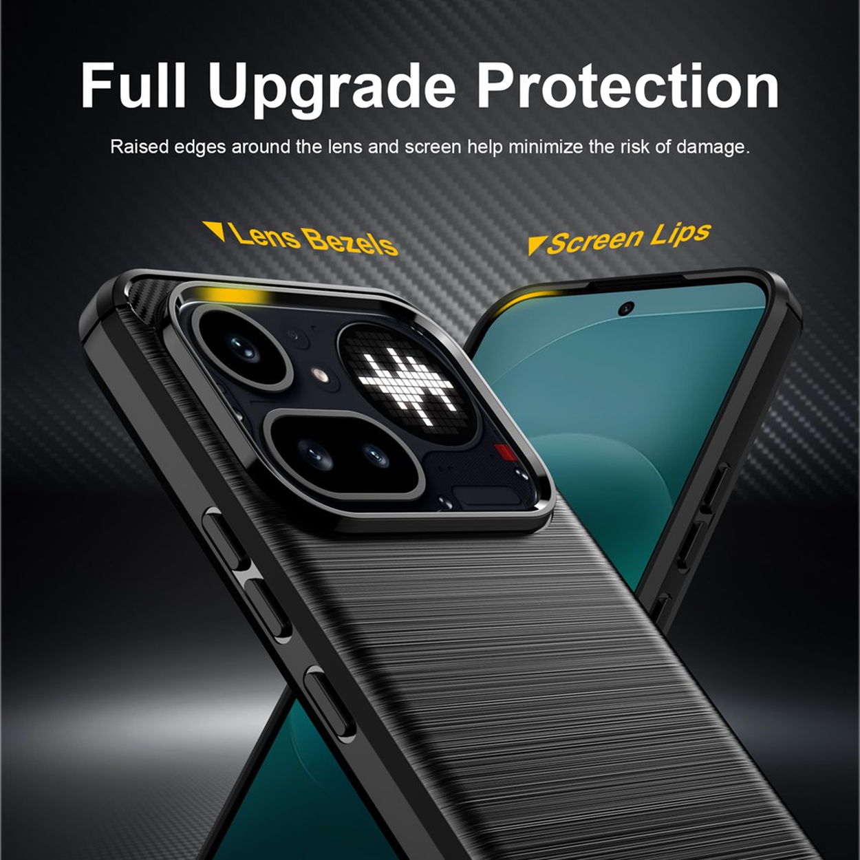 Téléphone noir avec coque protectrice mettant en valeur objectif et écran.