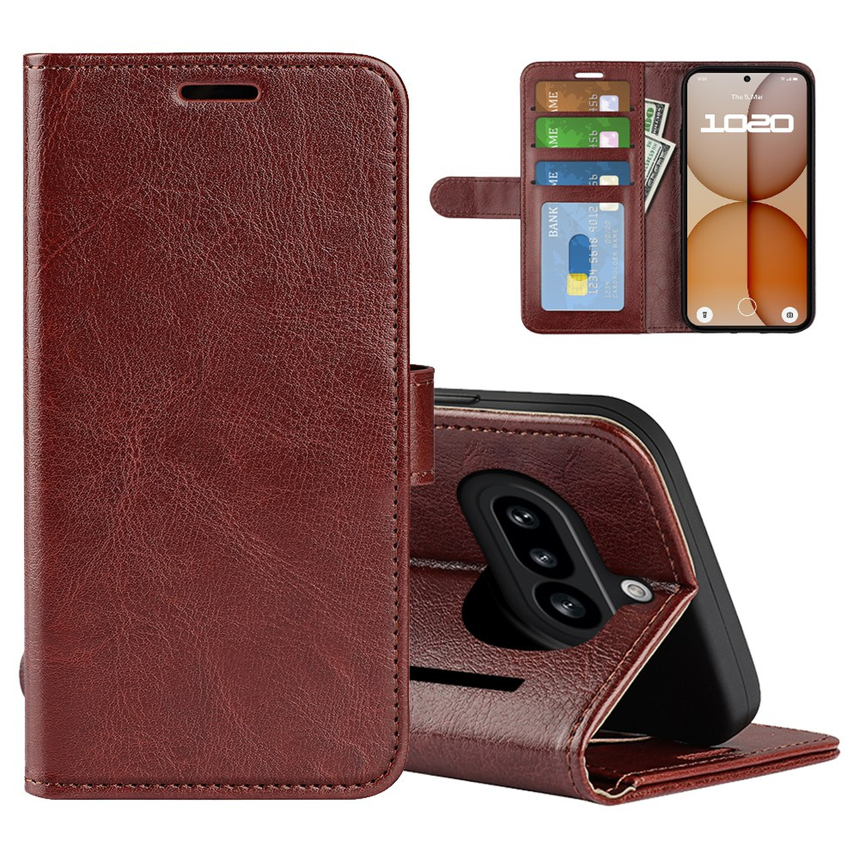Étui en cuir marron pour téléphone avec fentes pour cartes et un téléphone affichant 1020.