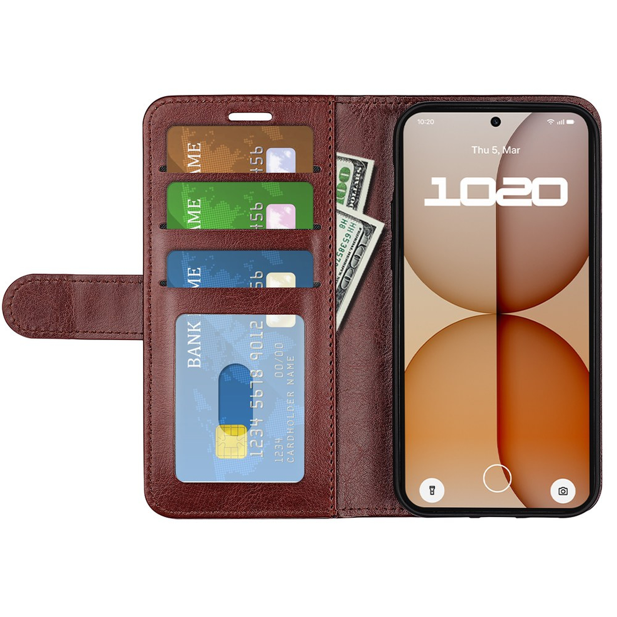 Étui de téléphone en cuir marron avec fentes pour cartes, argent et smartphone.