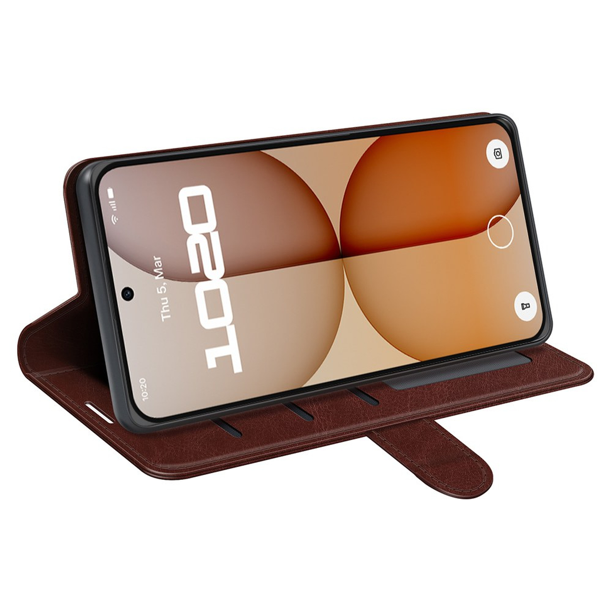 Un smartphone marron dans un étui en cuir ouvert, sur fond blanc.