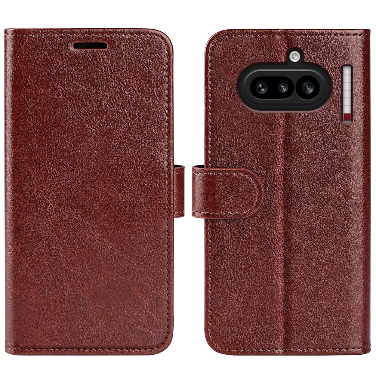 Étui en cuir marron pour smartphone, vue avant et arrière.
