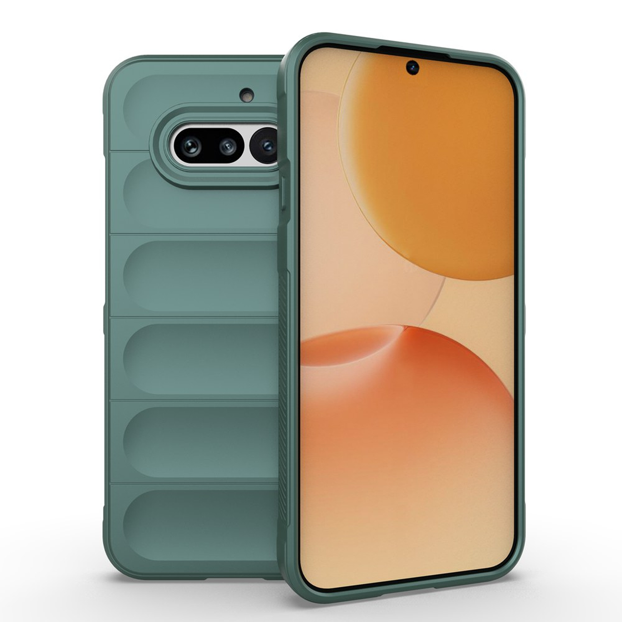 Groene telefoonhoes met getextureerde achterkant en uitsparing voor dubbele camera. Vooraanzicht toont scherm.