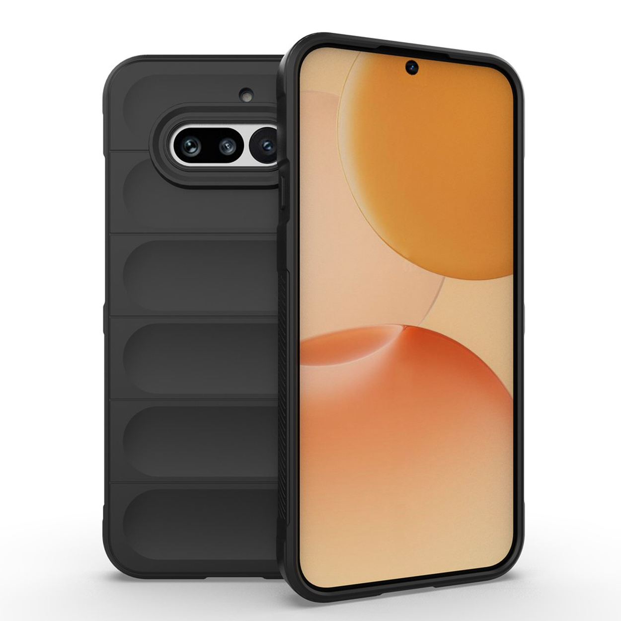 Zwarte telefoon met camera achterop en abstract oranje schermachtergrond.