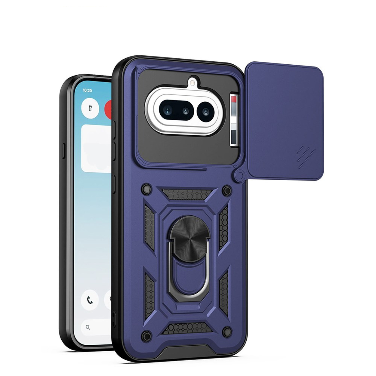 Une coque de téléphone bleue avec support anneau et cache-caméra.