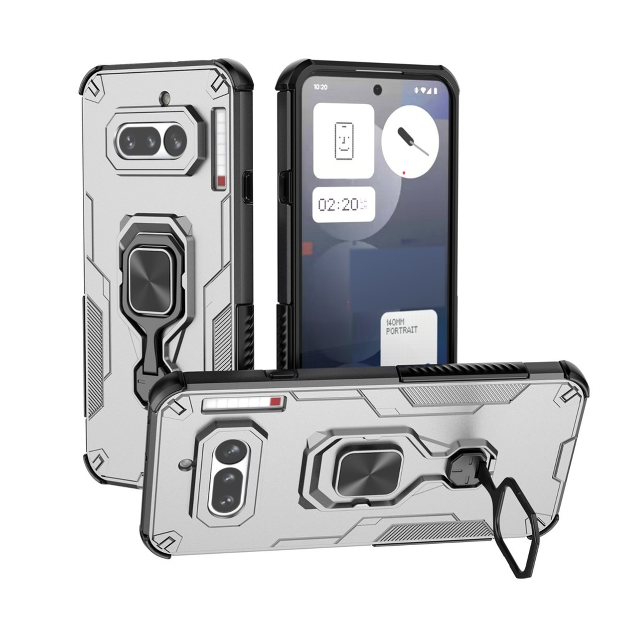 Coque de téléphone argentée avec support anneau et découpe double caméra.