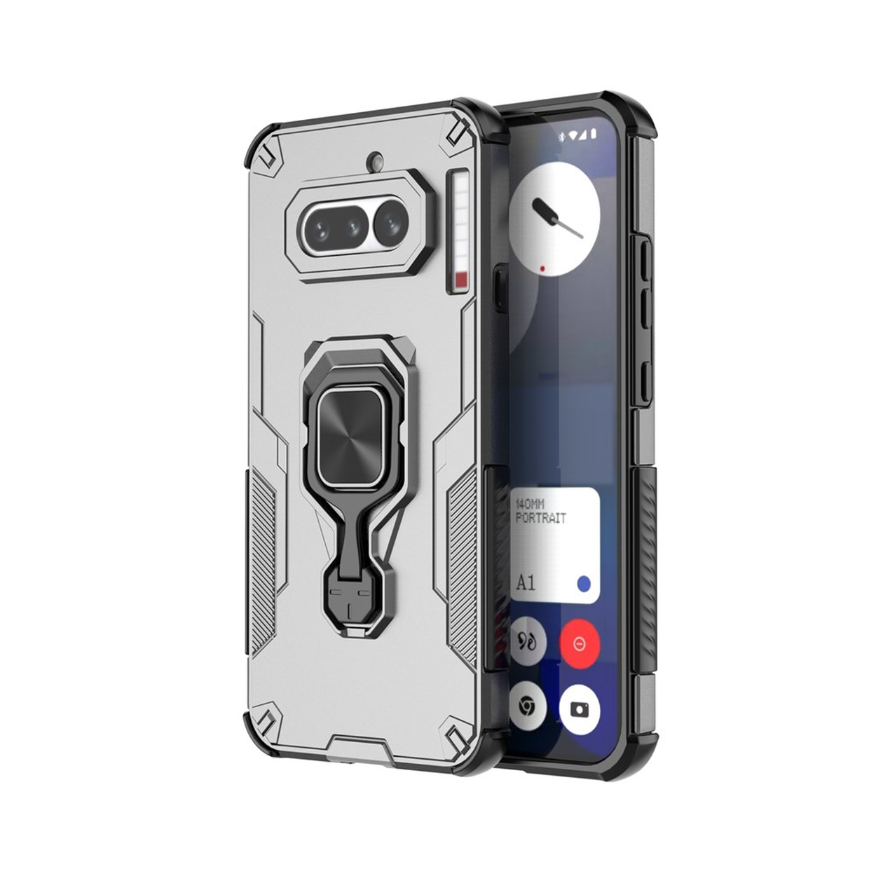 Un étui de téléphone argenté avec support anneau est montré à côté d'un smartphone.