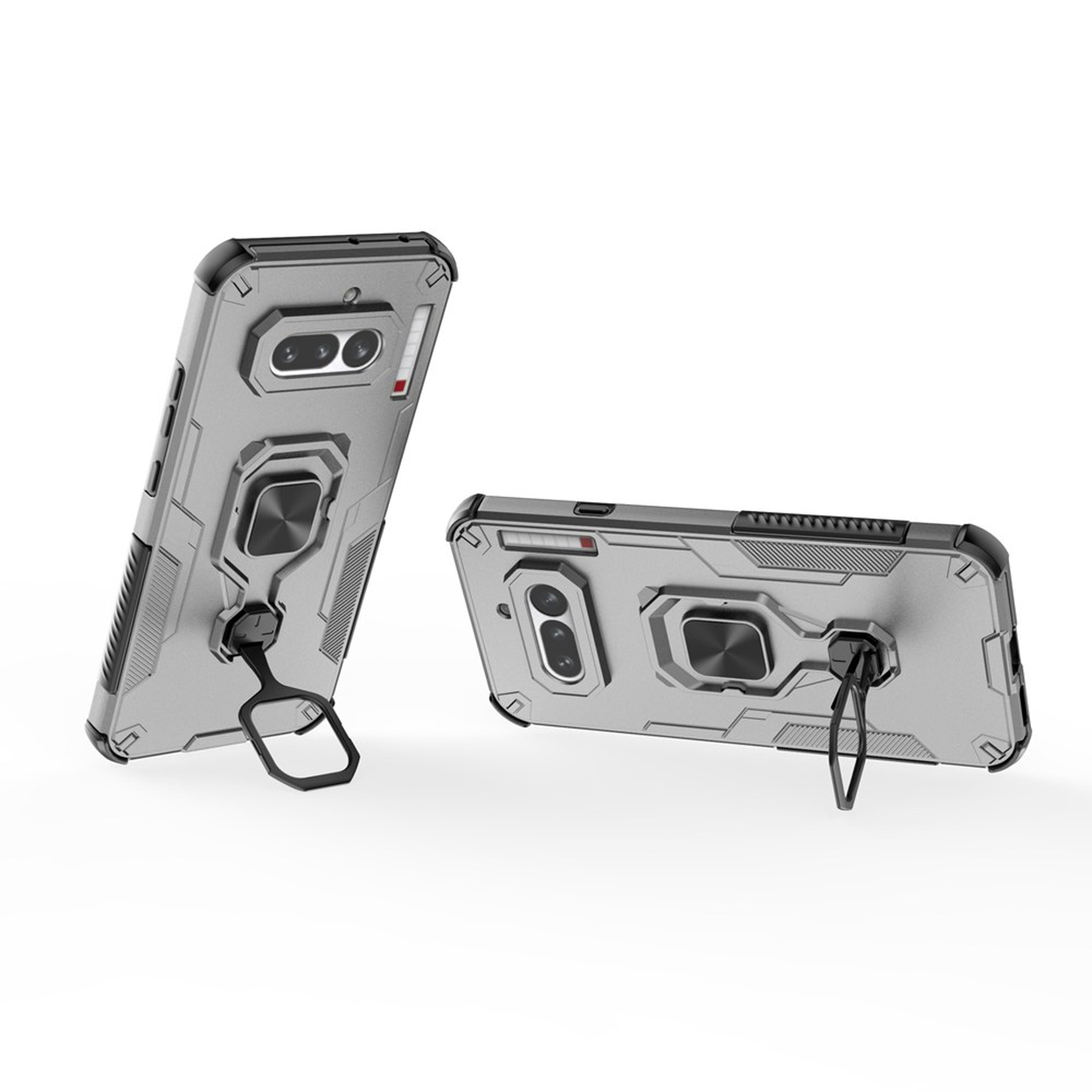 Deux coques de téléphone grises avec support anneau sur fond blanc.