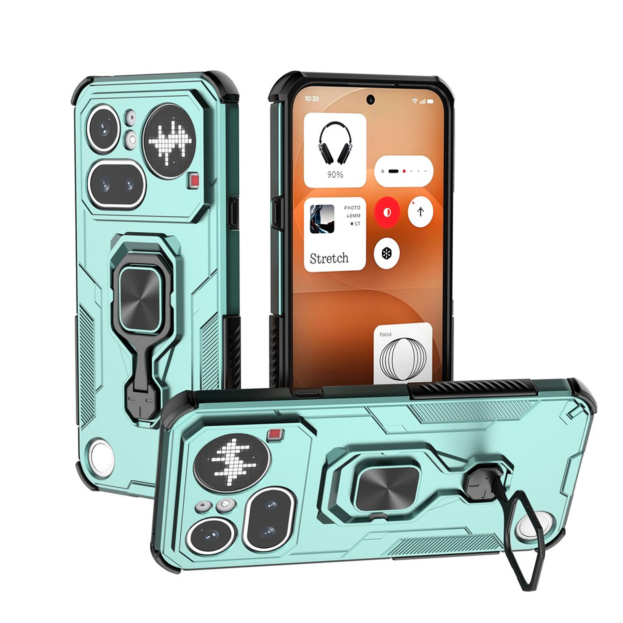 Coque de téléphone turquoise avec support bague, découpe caméra et écran.