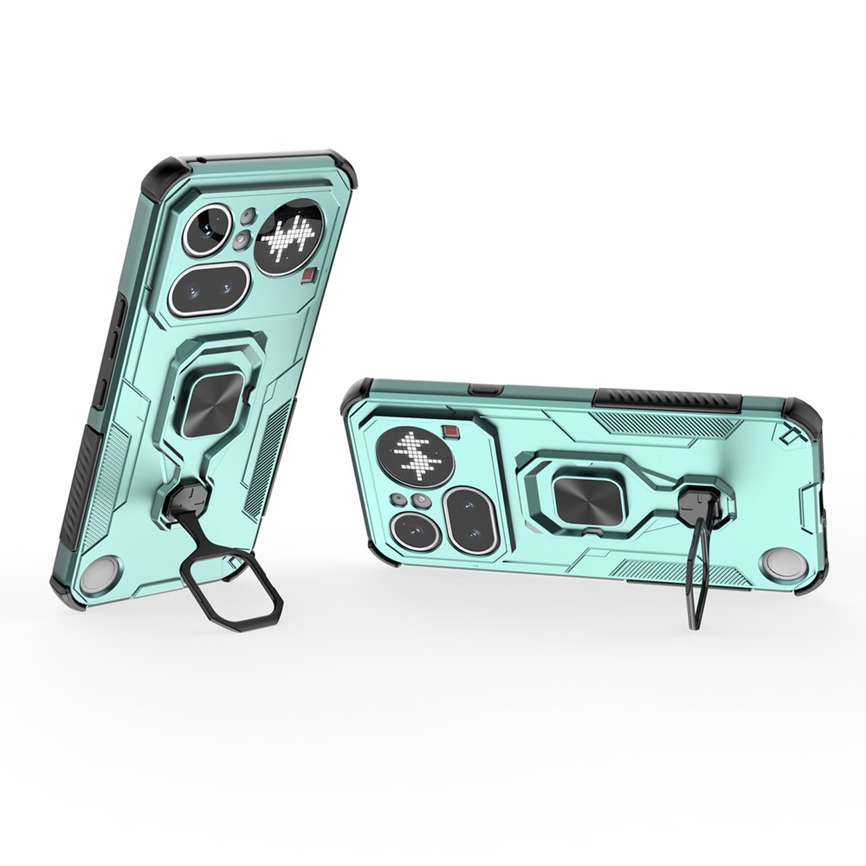 Deux coques de téléphone turquoise avec supports bague et modules caméra.