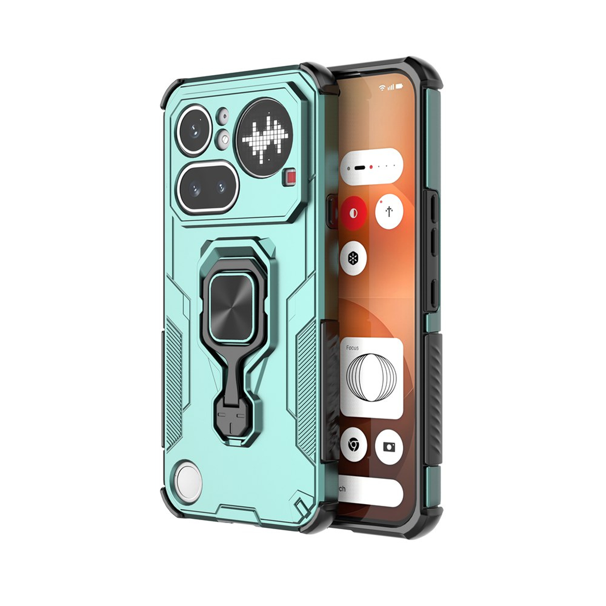 Un étui de téléphone vert sarcelle avec support à anneau et bloc caméra.