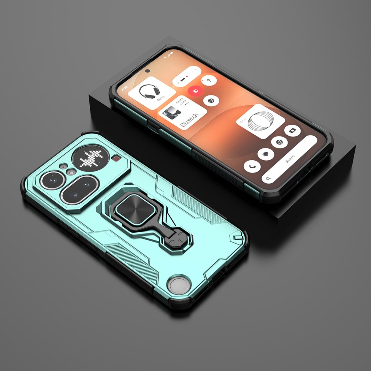 Deux téléphones sur surface sombre. L'un est turquoise avec support anneau, l'autre noir avec écran.