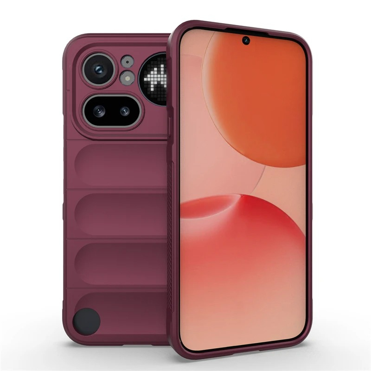 Un téléphone bordeaux avec un système de caméra arrière et un écran complet.