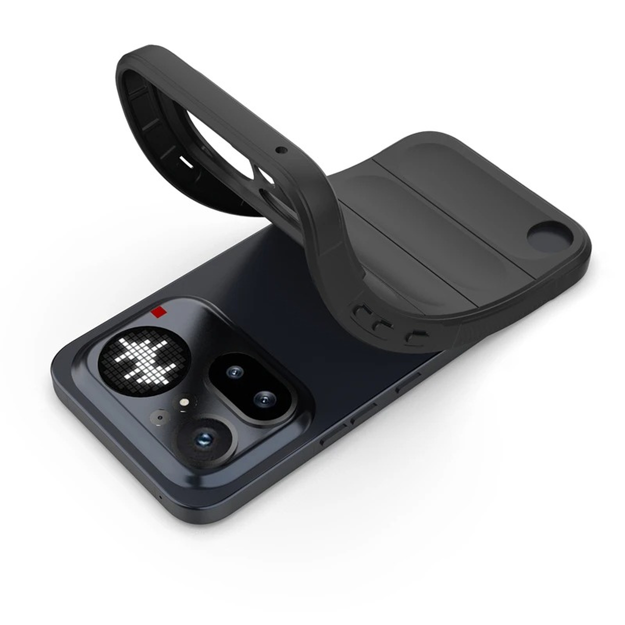 Un smartphone noir avec une coque de protection partiellement retirée. Les caméras sont visibles.