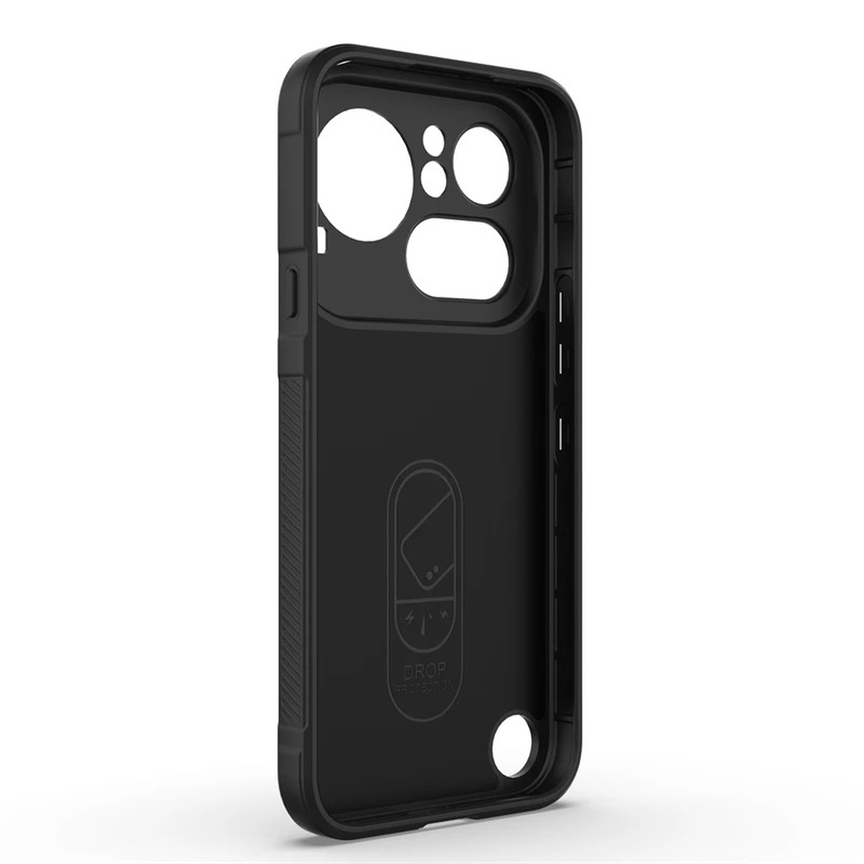Coque noire pour téléphone avec découpes pour appareil photo et boutons, logo.