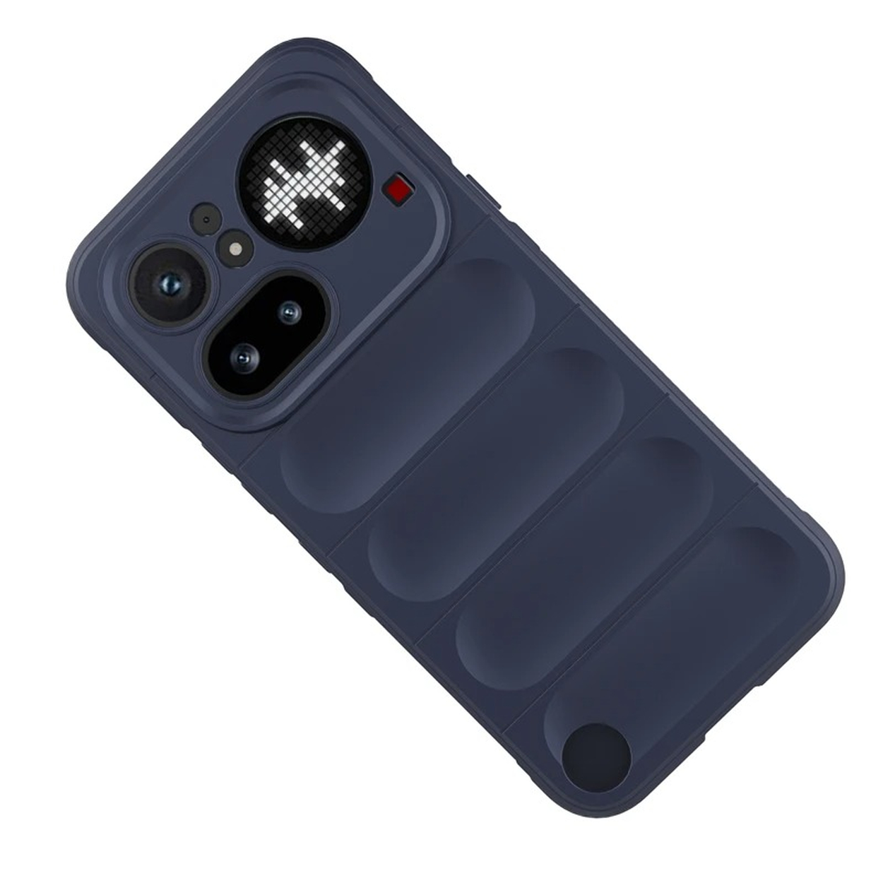 Coque de téléphone bleu foncé avec écran matriciel au-dessus des caméras.