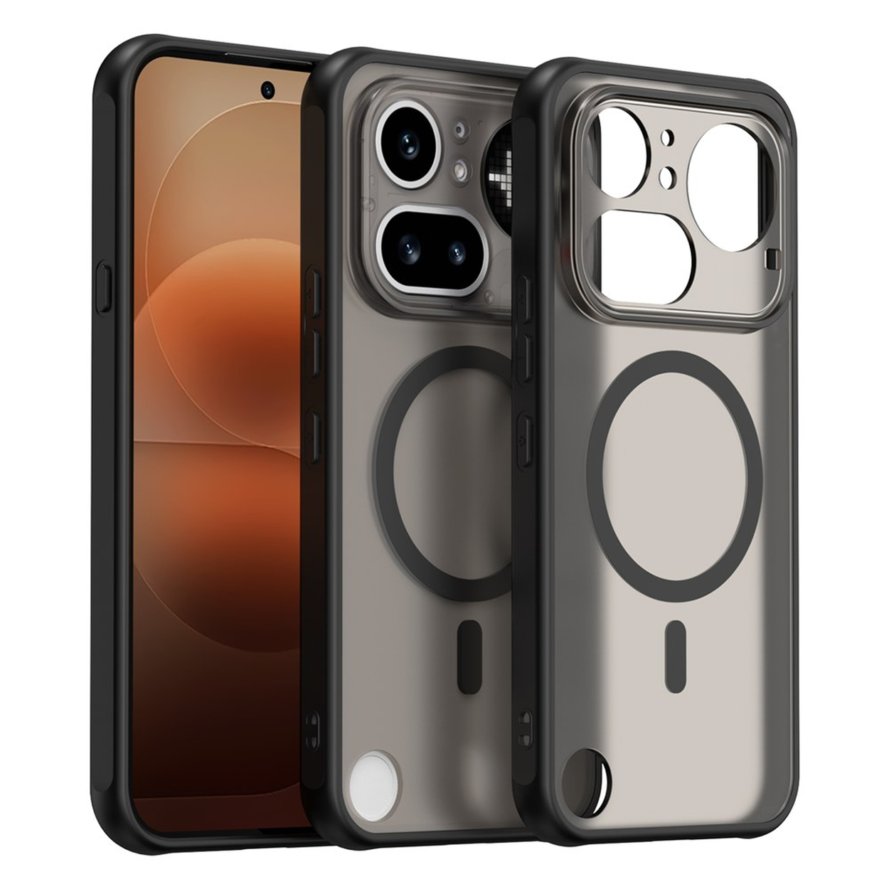Twee zwarte telefoonhoesjes, een met telefoon, tonen camera en magneetring.