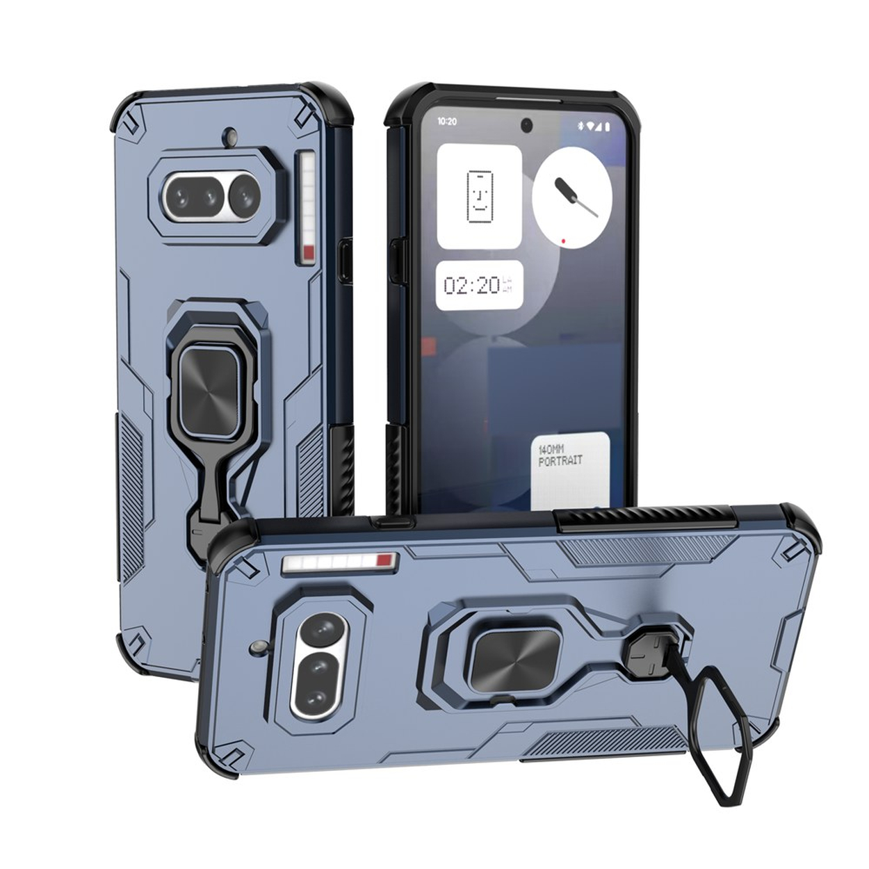 Blauwe telefoonhoes met ringhouder en camerabescherming. Toont telefoonscherm.
