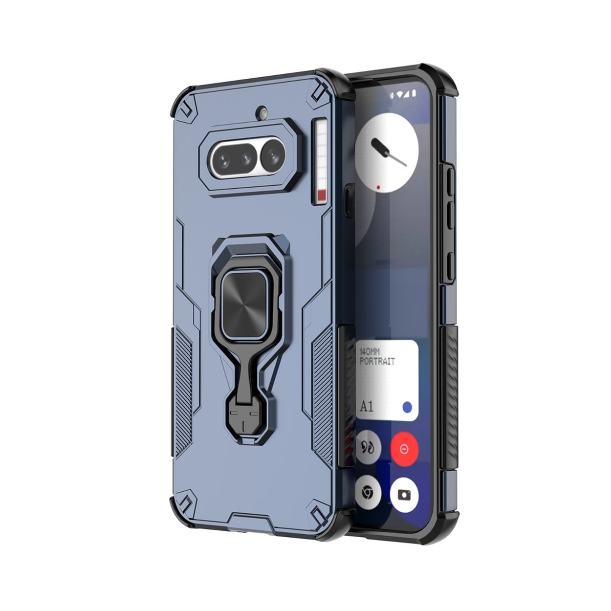 Blauwe telefoonhoes met ringhouder en twee camera's aan de achterkant.