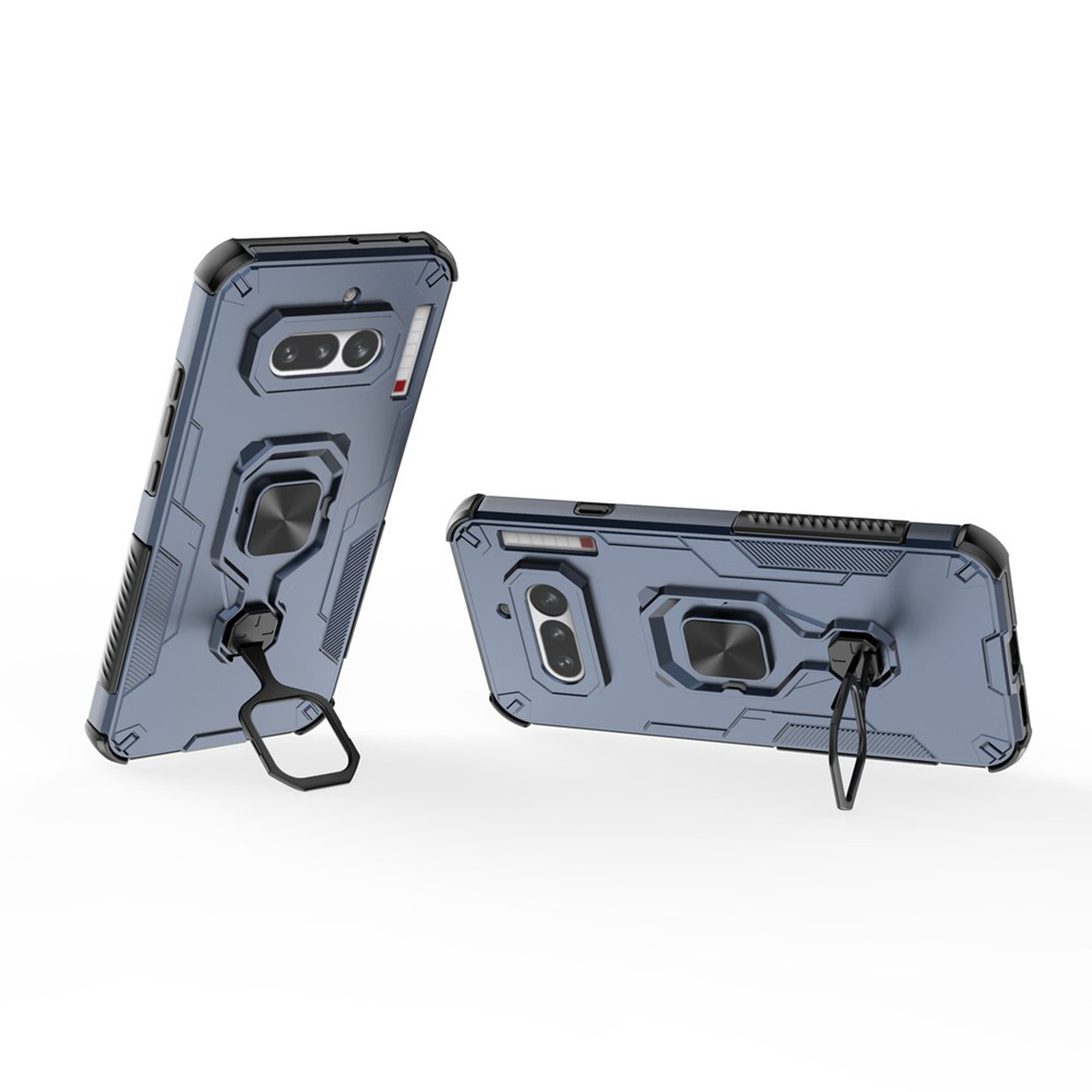 Twee blauwe telefoonhoesjes met ringhouder op witte achtergrond.