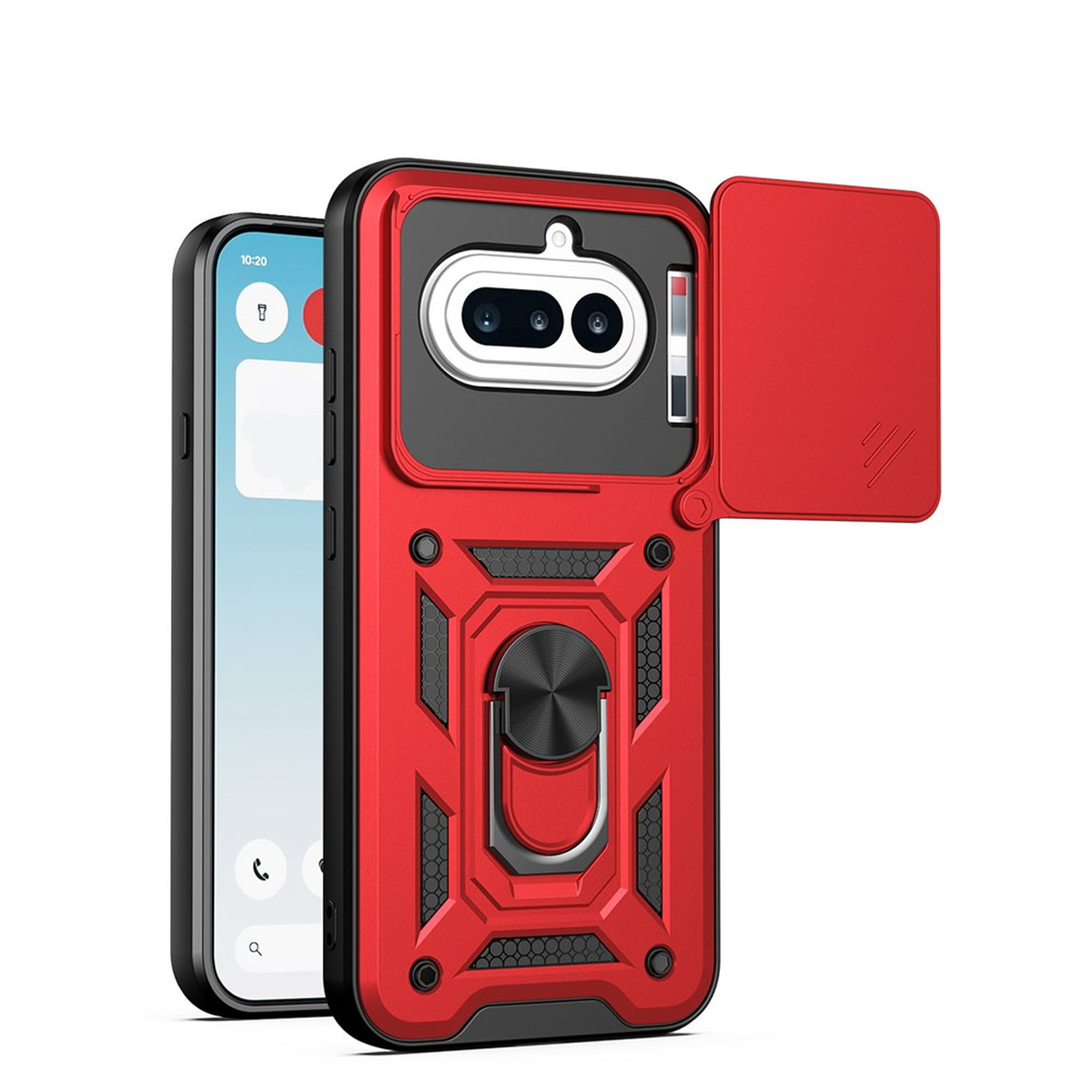 Coque de téléphone rouge avec cache coulissant, support bague et découpe double caméra.