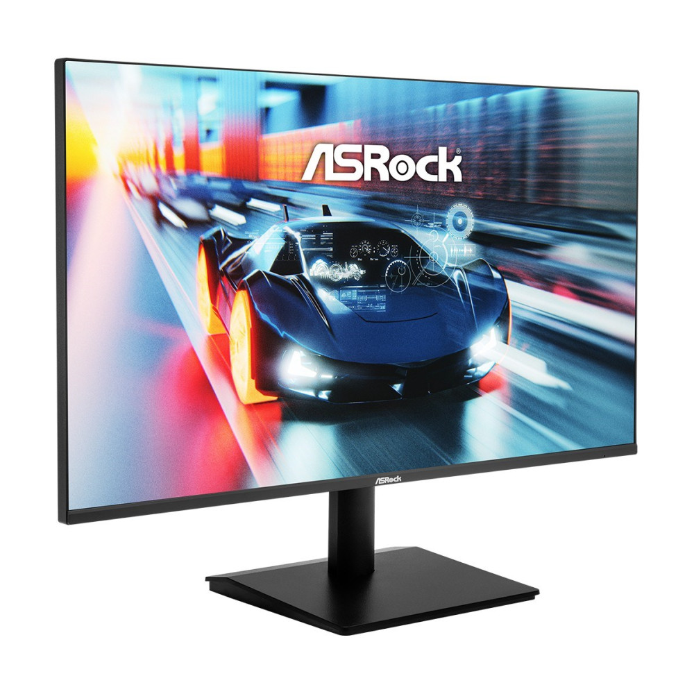 Monitor gamingowy wyświetla futurystyczny samochód na torze wyścigowym z logo ASRock.
