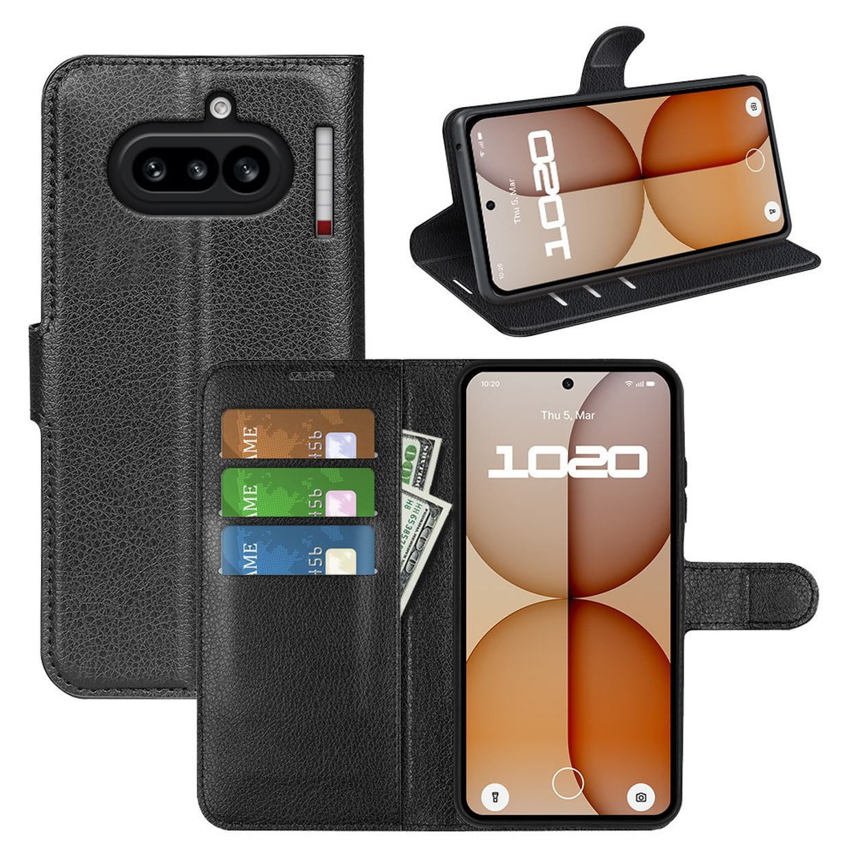 Étui portefeuille noir en cuir pour téléphone avec fentes pour cartes, argent et téléphone.