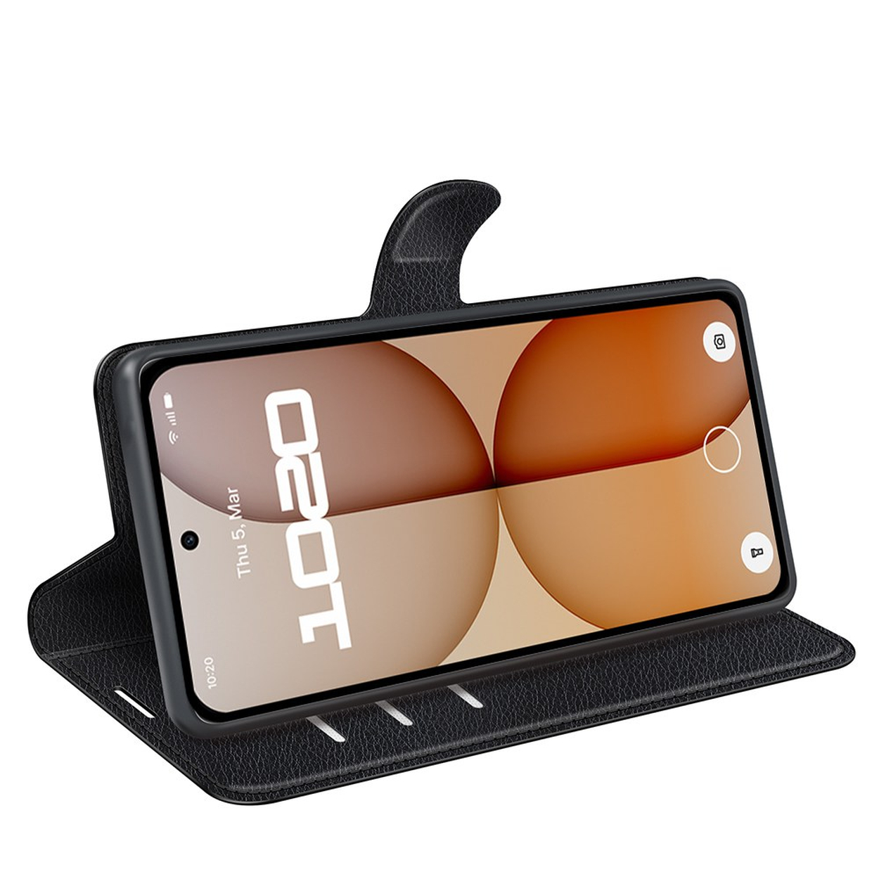 Un téléphone noir dans un étui en cuir ouvert avec un clavier à l'écran.