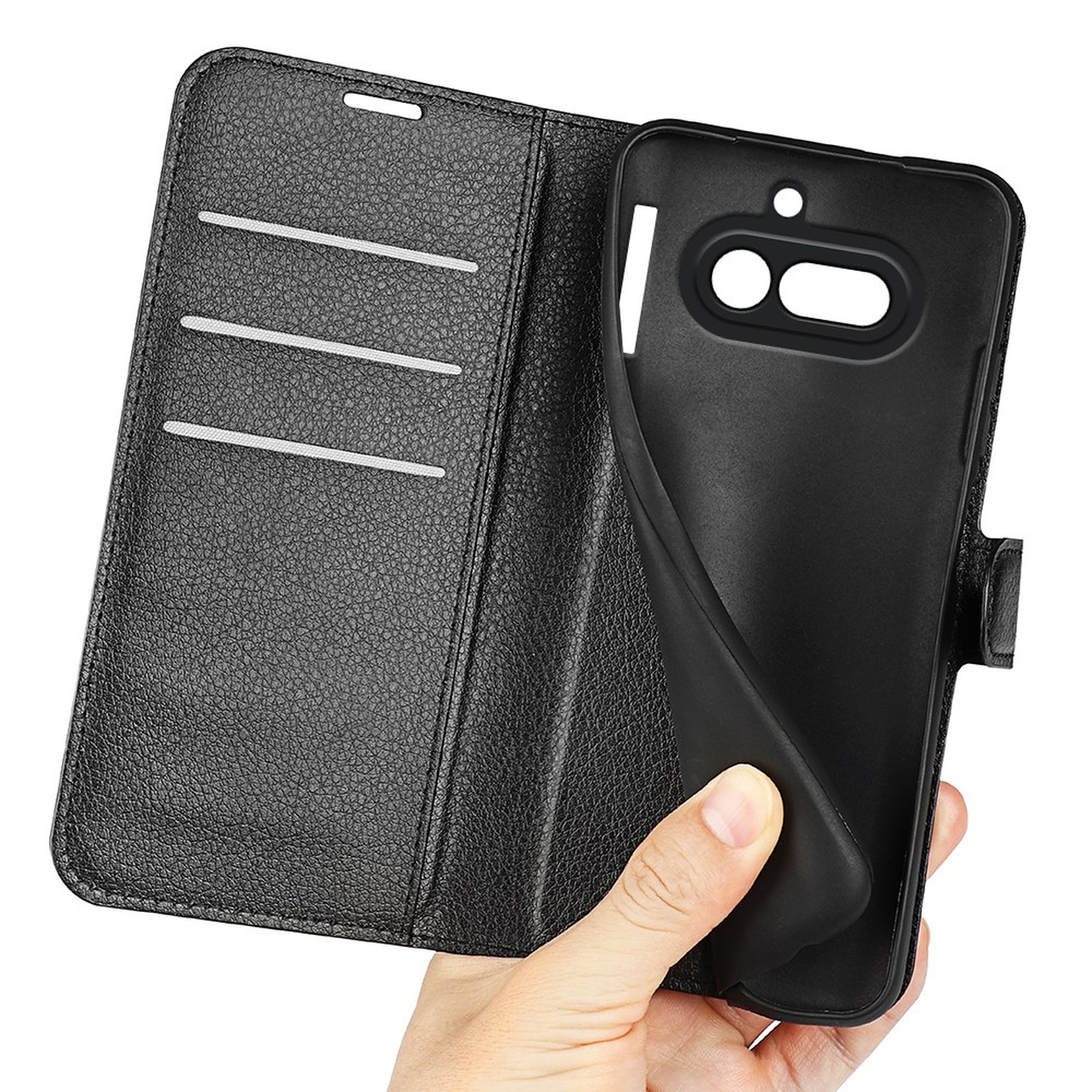 Étui à rabat en cuir noir pour smartphone, ouvert. Peut contenir des cartes.
