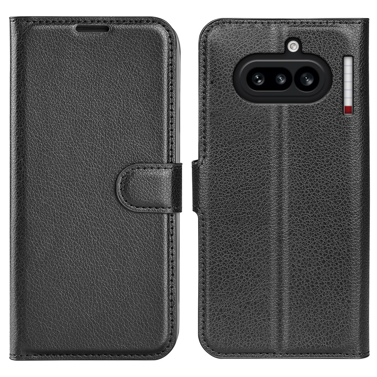 Étui de téléphone à rabat en cuir noir avec découpes pour appareil photo et fermeture magnétique.