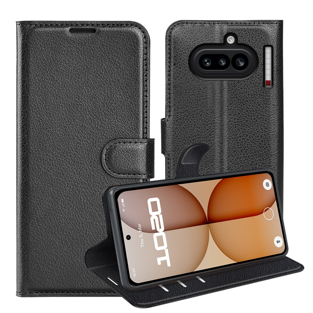 Étui de téléphone en cuir noir avec un smartphone debout, affichant une application photo.
