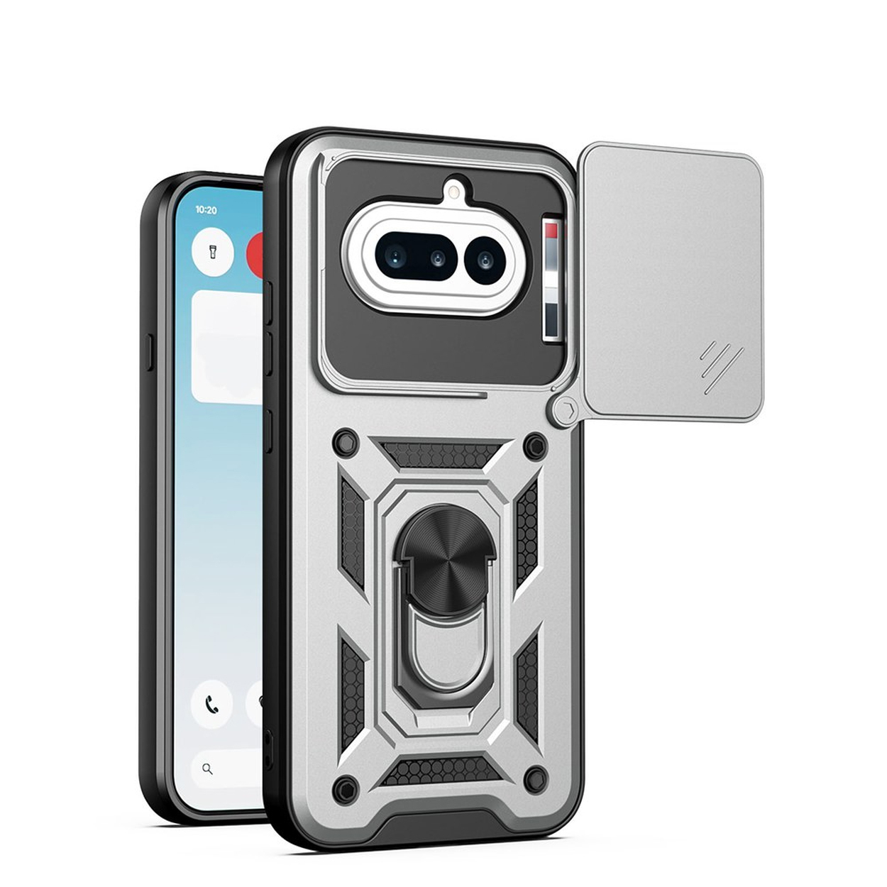 Une coque de téléphone argentée avec support anneau et cache coulissant pour appareil photo.