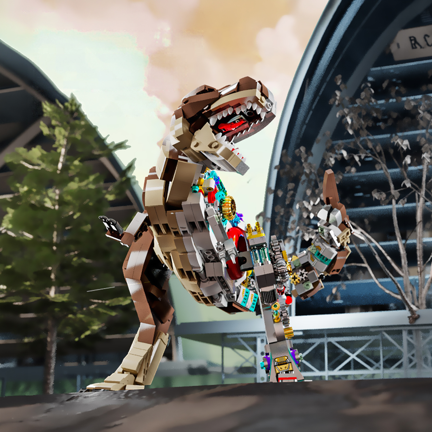 Un dinosaurio T-Rex de Lego con detalles mecánicos frente a un edificio.