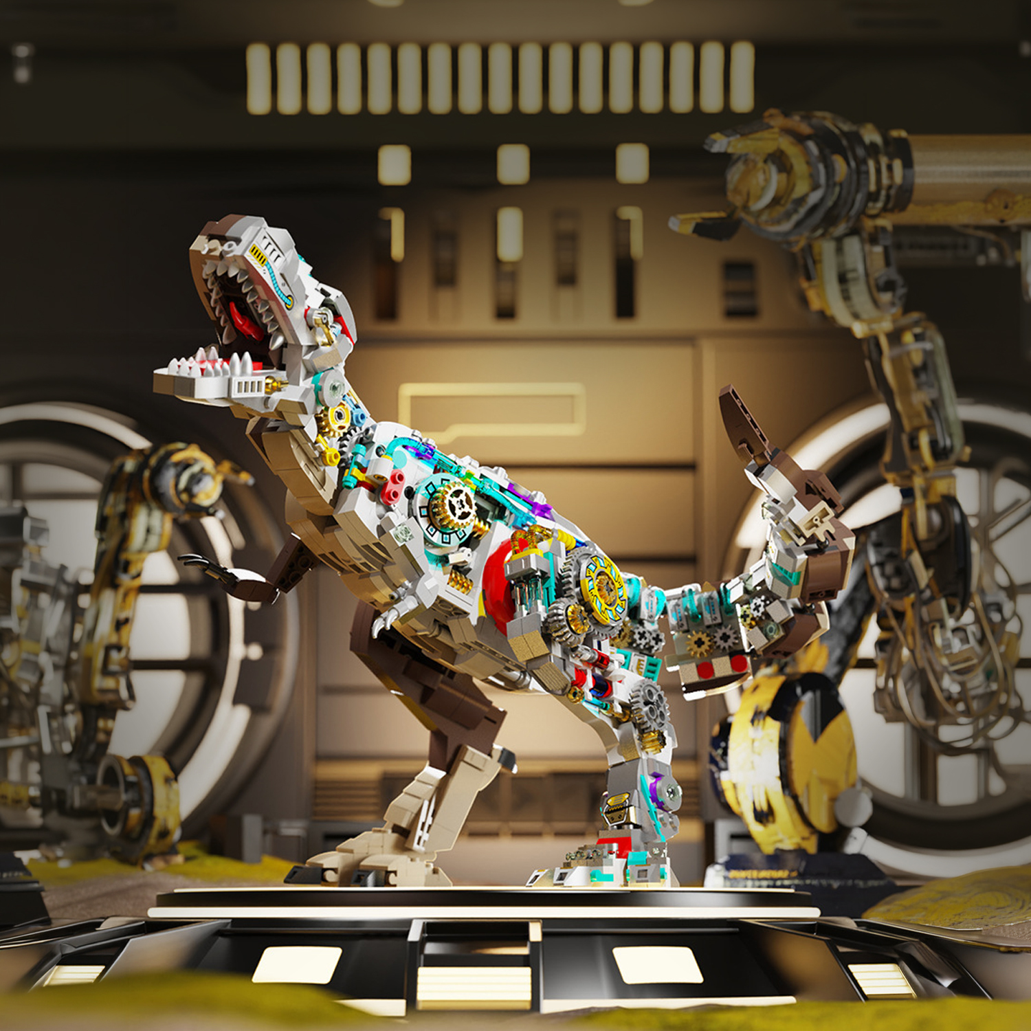 Un dinosaurio de LEGO con engranajes visibles está en un taller.
