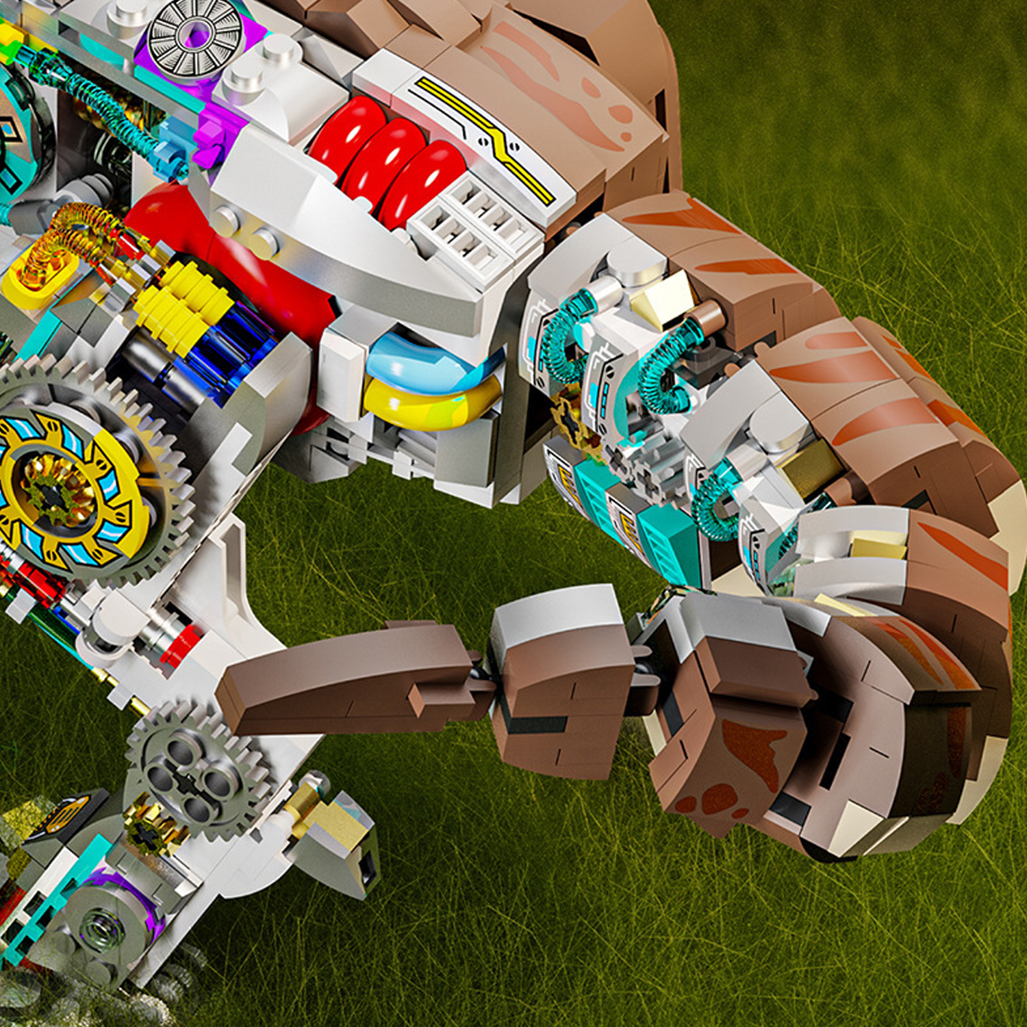 Un detallado modelo de Lego de un gorila con elementos mecánicos sobre hierba verde.