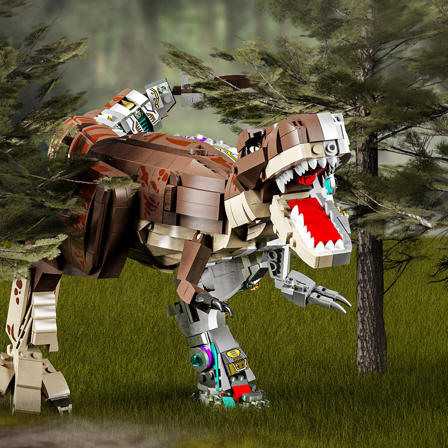 Un dinosaurio de Lego marrón con patas mecánicas está en un bosque.