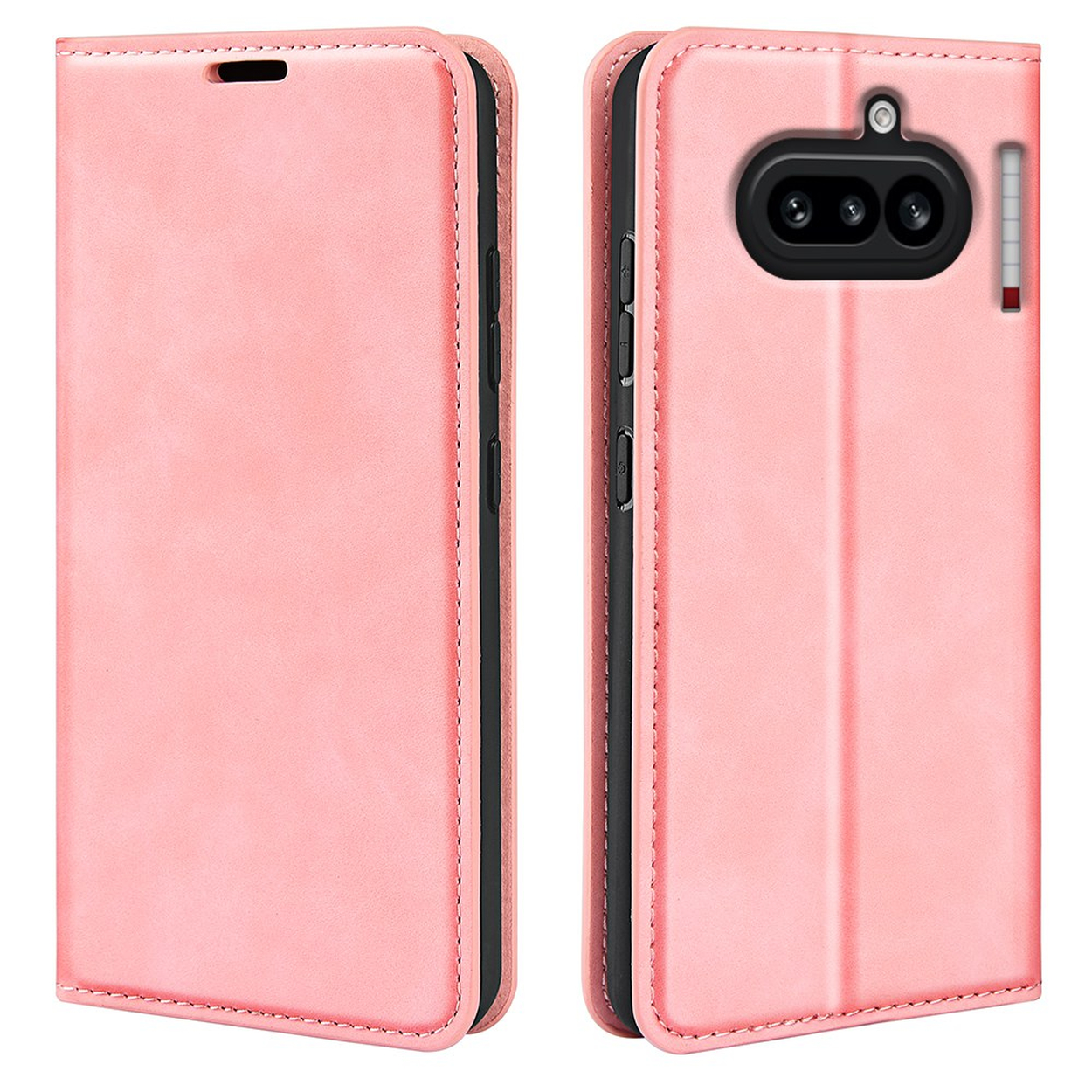Une coque de téléphone rose à rabat avec découpe caméra et boutons.