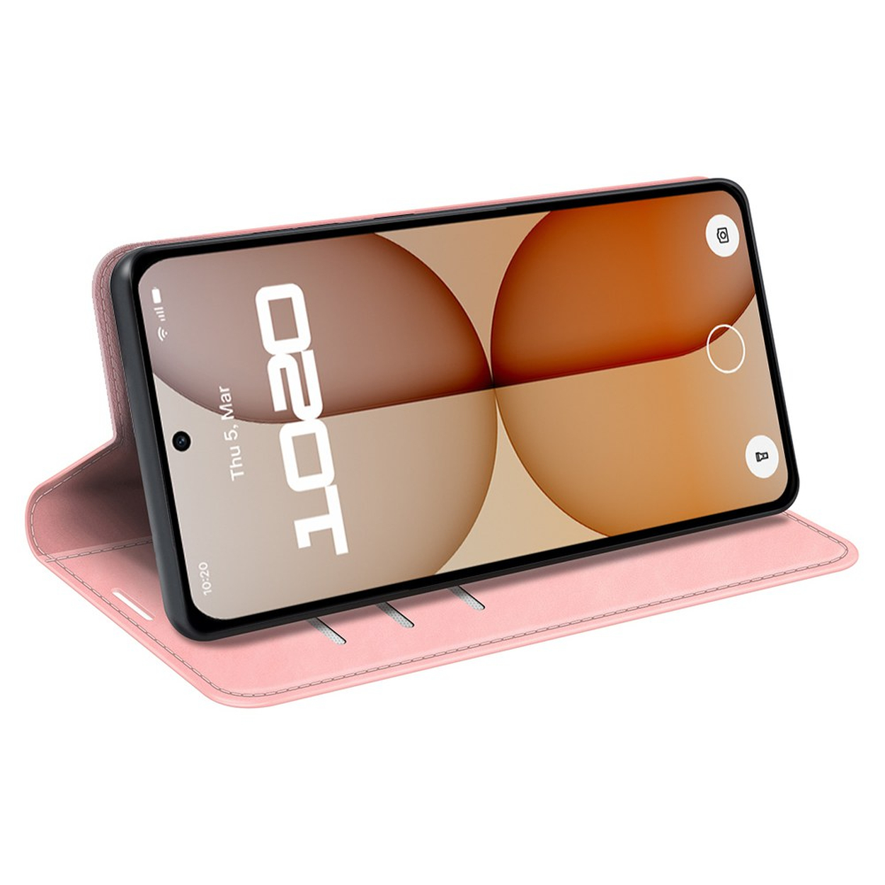 Un étui de téléphone rose tenant un smartphone affichant l'heure et la date à l'écran.