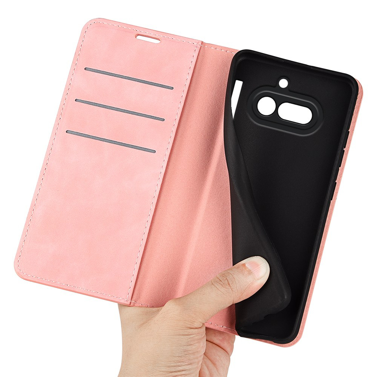 Un étui rose pour téléphone avec fentes pour cartes et un insert noir.