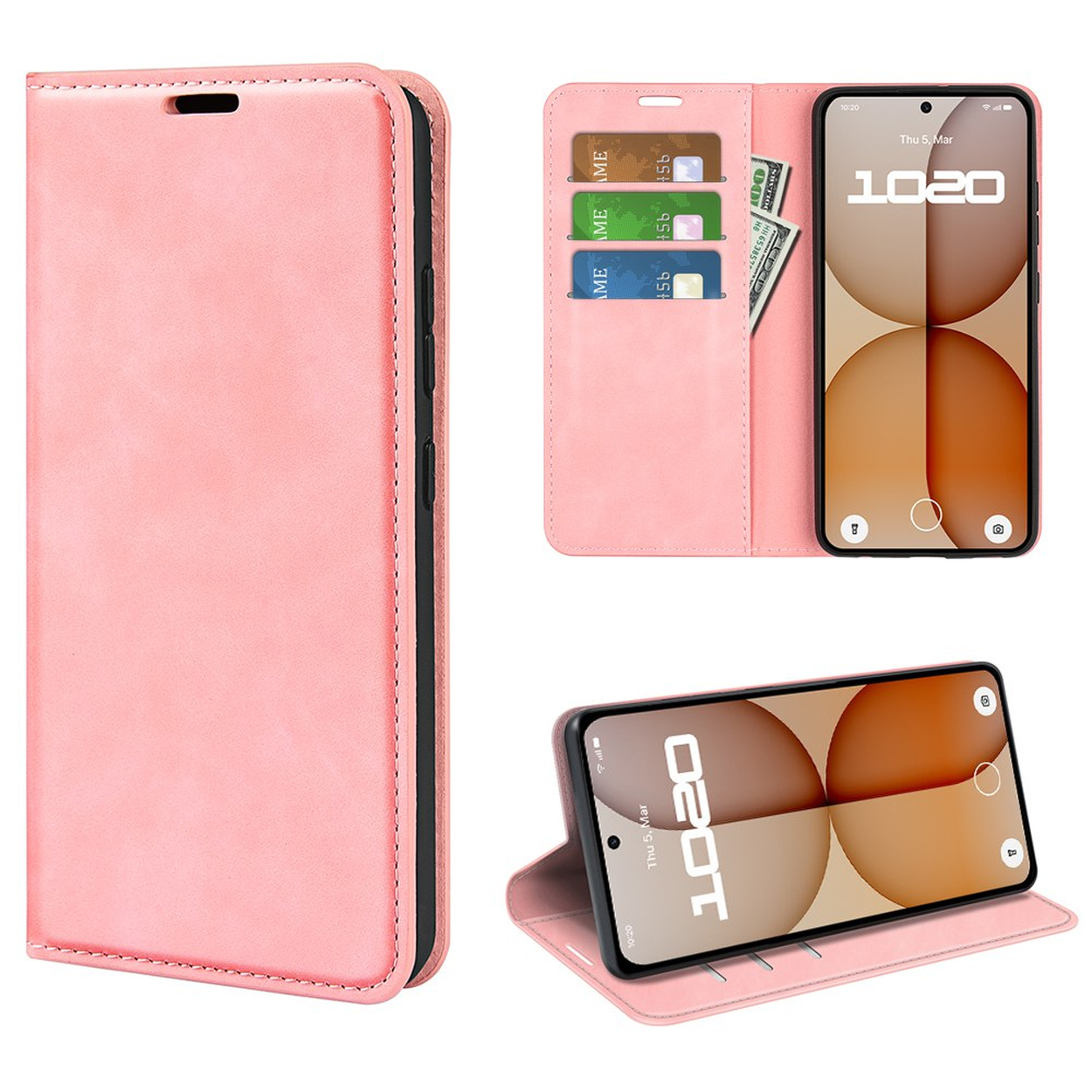 Un étui à rabat rose pour smartphone avec fentes pour cartes et un téléphone affichant 1020.