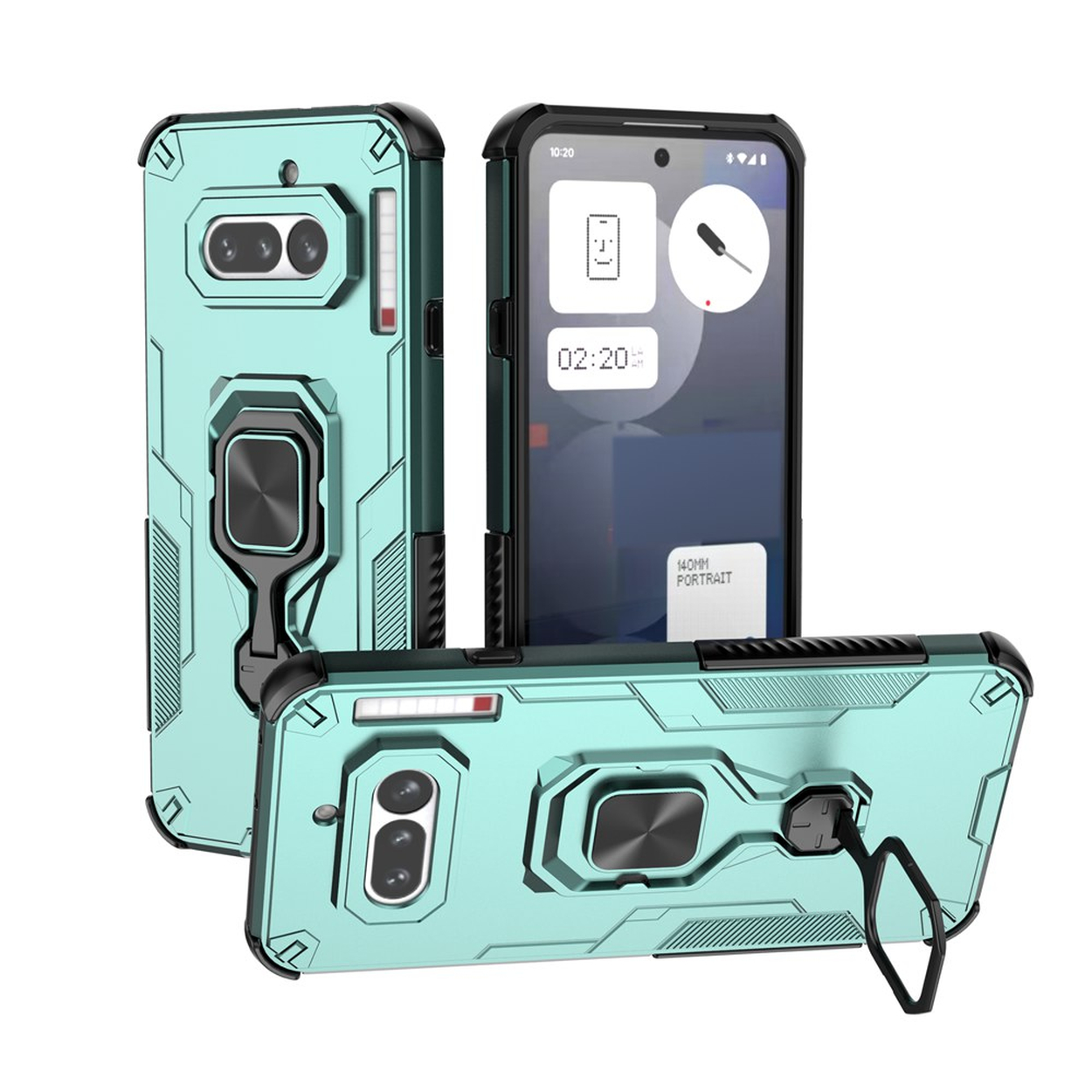 Trois coques de téléphone teal avec découpes pour appareil photo et supports d'anneau sur fond blanc.