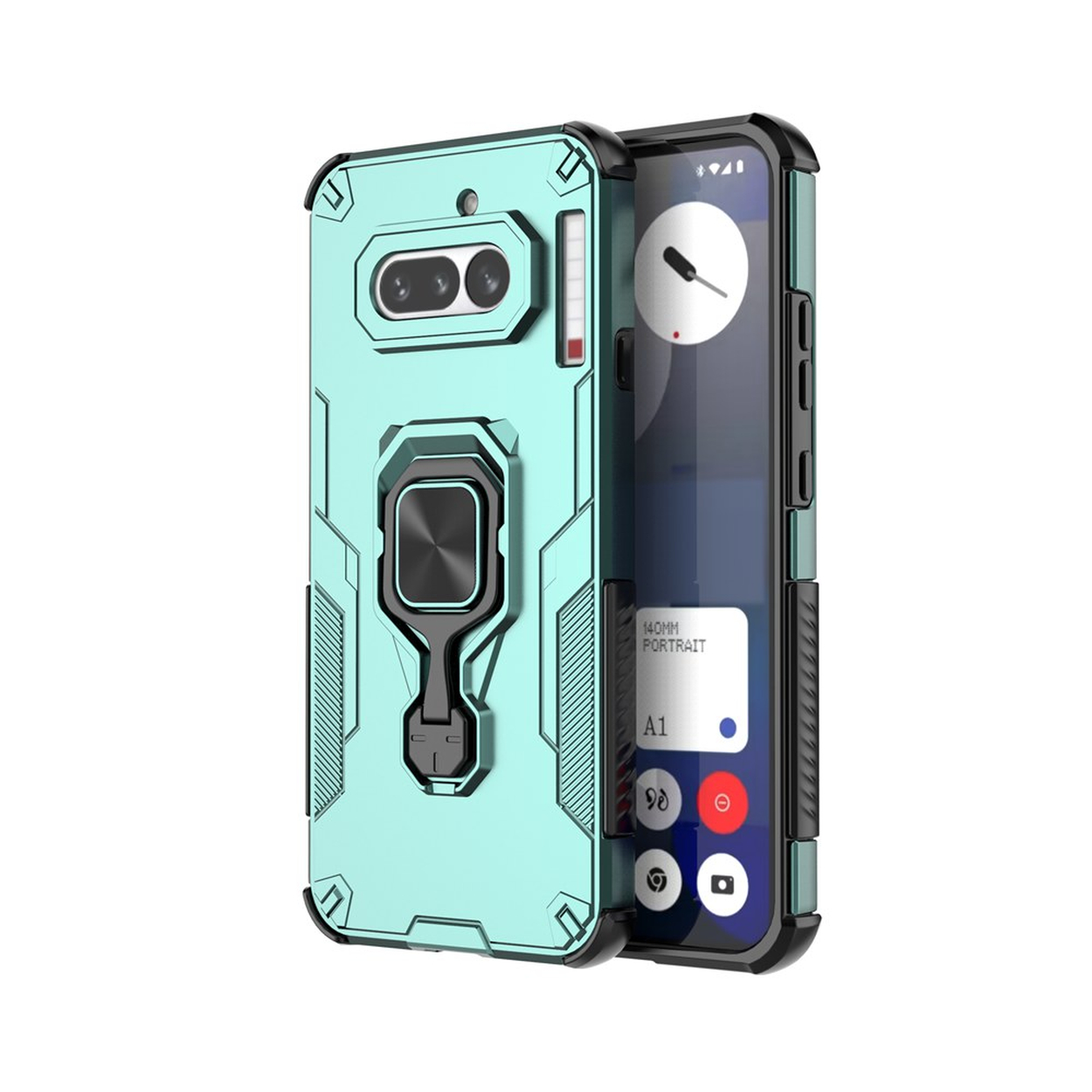 Une coque de téléphone bleu sarcelle avec support bague intégré et écran de téléphone affichant l'interface caméra.